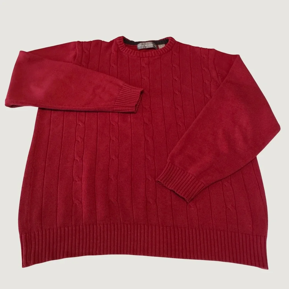 Oscar de la Renta Sweater Mens L Red Cable Knit Cotton Crewneck Preppy Academia
